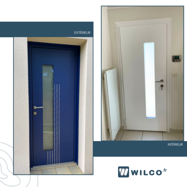 Portes d'entrée en aluminium : porte d'entrée aluminium kline surface mahjong 85 bleu ext/blanc int. Wilco Yvelines 78